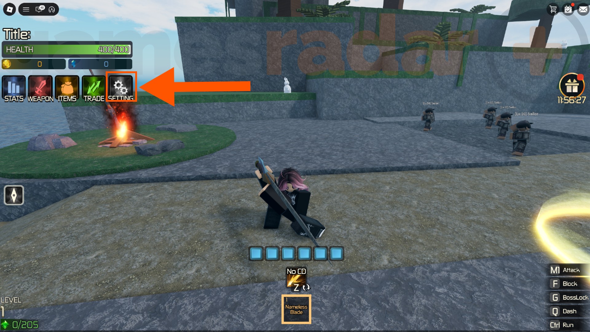 An orange arrow points to the settings menu where you can redeem Broken Blade codes