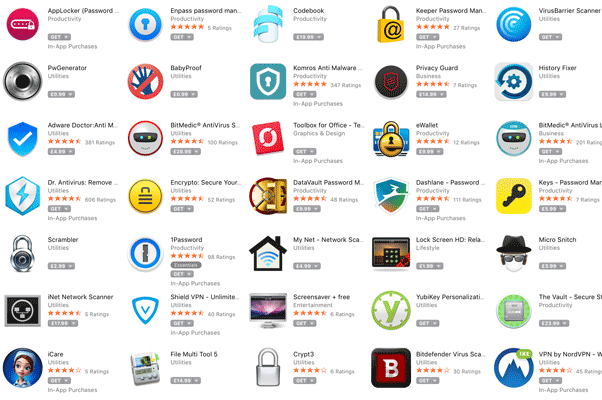 Padlocks, keys and safes are the order of the day for security app icons, ranging from simple flat graphics to full-rendered skeuomorphic designs. Click here for larger image. 