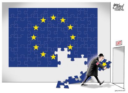 Political cartoon World Brexit EU flag missing puzzle pieces