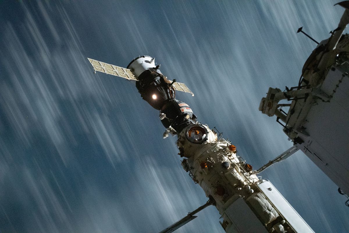 The Russian Soyuz MS-18 spacecraft is seen docked to Russia&#039;s Nauka multipurpose laboratory module at the International Space Station after a relocation maneuver on Sept. 28, 2021.