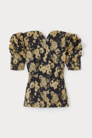 Blurry Black & Ochre Top With Puff Sleeves - S