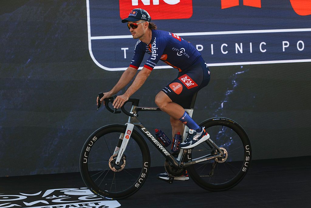 Niklas Markl of Team Picnic Post NL participates in the team presentation during the Grand Depart Barcelone 2026