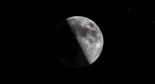 The quarter moon tilts like an upturned bowl to the left, its dark surface painted in dark grey craters. Stars are scattered about in black space.