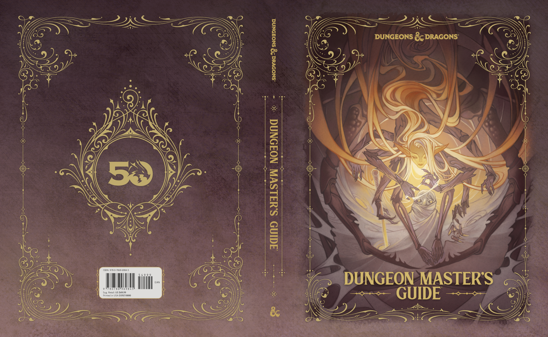 The front and back covers for the Dungeon Master's Guide alt artwork, featuring Lolth wrapping a victim in webs