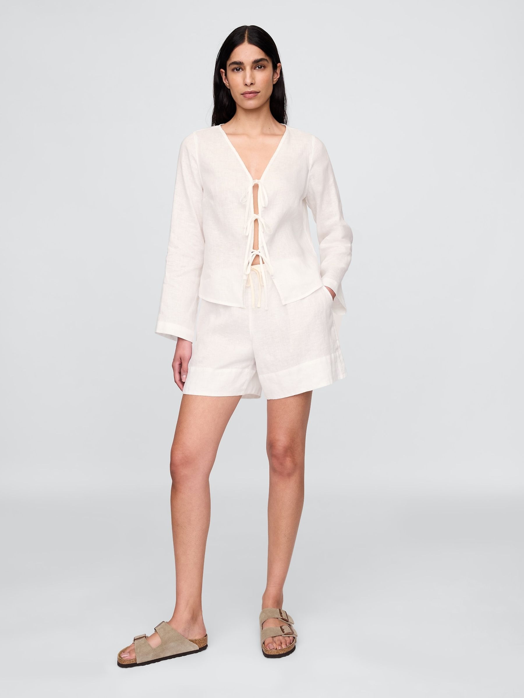 White 100% linen simple shorts