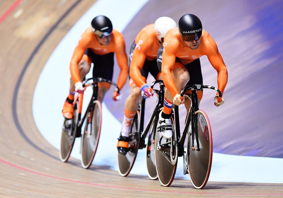 The Dutch men compete in the team sprint at the Manchester World Cup