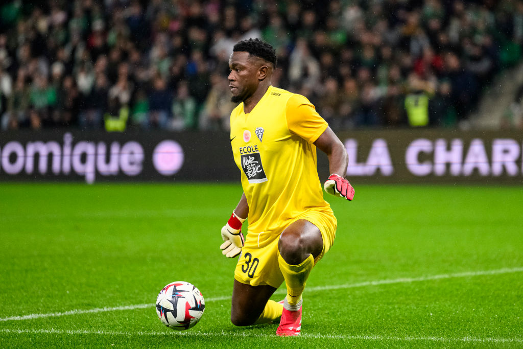 Yahia Fofana of Angers defends the ball during the France Ligue 1 McDonald's match between AS Saint-Etienne and Angers SCO at Stade Geoffroy-Guichard on February 22, 2025 in Saint-Etienne, France.