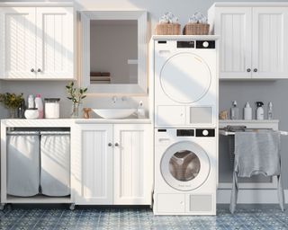 laundry room with washing machine and dryer and cabinets