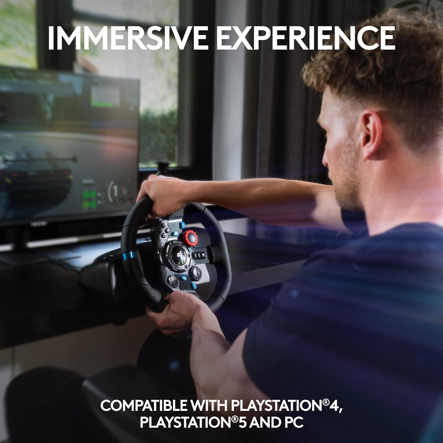 A person uses a gaming steering wheel for a racing game on a large screen. Text reads "Immersive Experience." The setup is compatible with PS4, PS5, and PC.