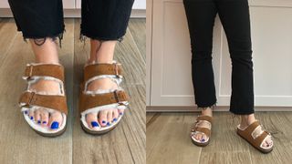 Composite image of close ups of a woman wearing birkenstock arizona shearling sandals