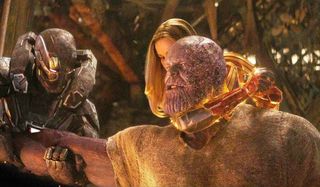 War Machine Captain Marvel restraining Thanos about to kill him Avengers: Endgame
