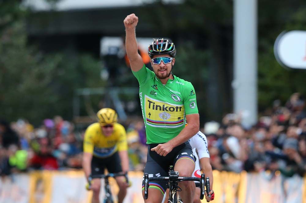 Peter Sagan raises his arm in celebration