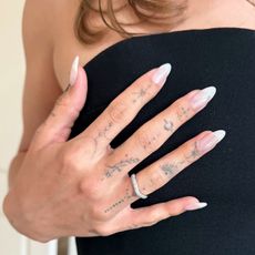 Hailey Bieber's nails with milky french manicure using OPI Funny Bunny nail colour