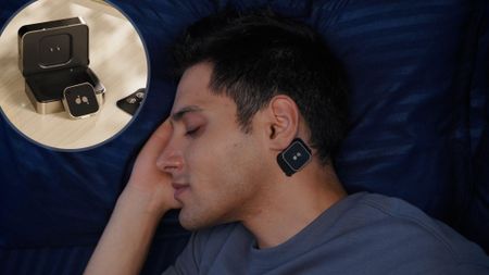 The main image shows a man sleeping wearinga DUSQ patch, in the top left corner is a close up of the DUSQ device