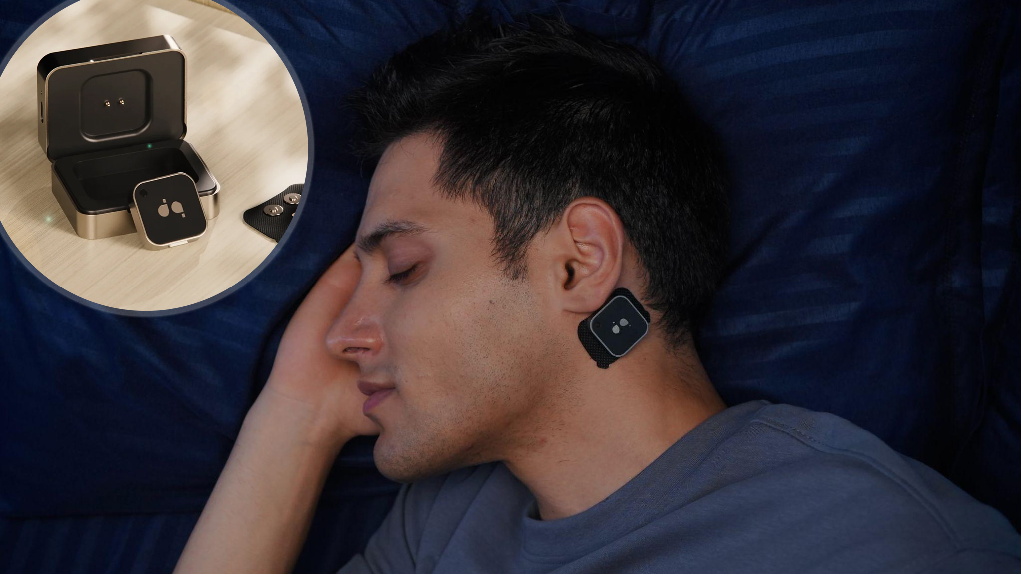 The main image shows a man sleeping wearinga DUSQ patch, in the top left corner is a close up of the DUSQ device