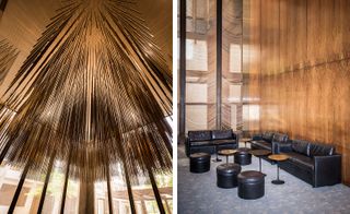 Pictured left: the spectacular Richard Lippold bronze sculpture in the bar, commissioned by Johnson in 1958, will remain in situ. Right: Johnson designed the salon-style ’Perching’ sofas for waiting guests although they were rarely used, given the military precision with which tables were allocated. Alongside them are ’Tulip’ tables, originally designed by Eero Saarinen in 1956 (the tables will be sold individually and as pairs)