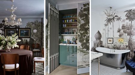 a trio of images of rooms with wall murals in an upper east side apartment