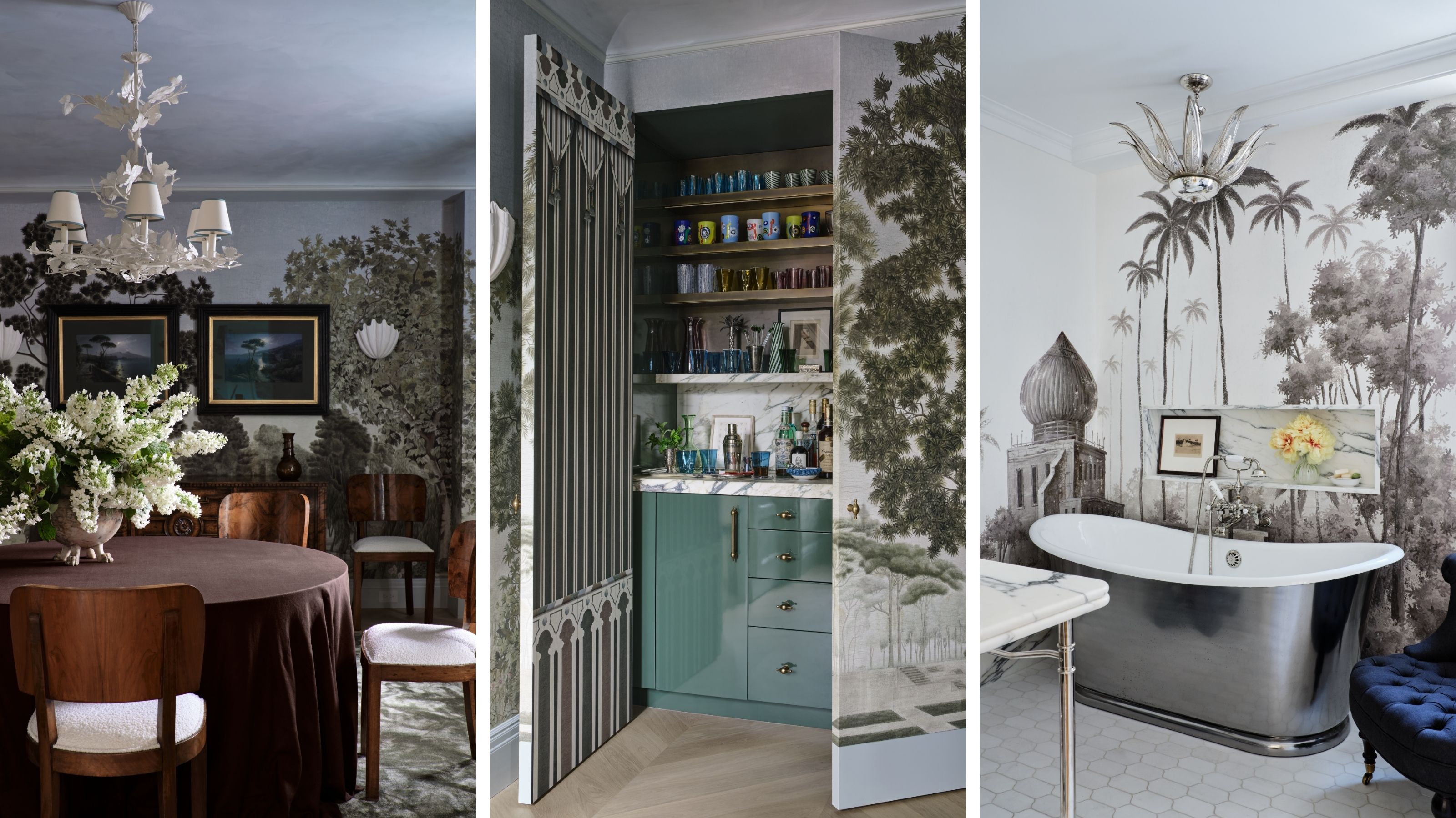a trio of images of rooms with wall murals in an upper east side apartment