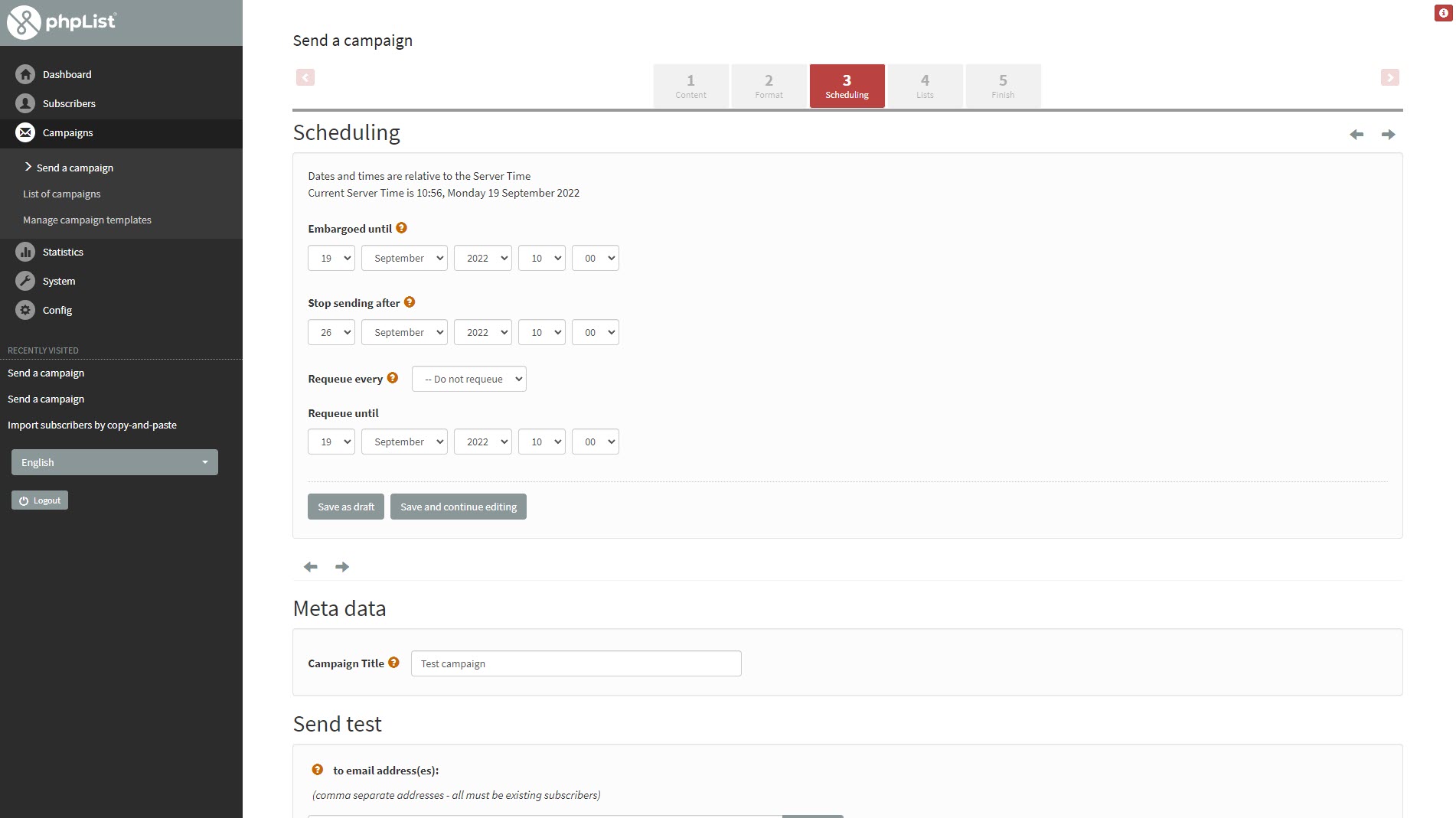 Screenshot of the Scheduling tab of the Send a campaign wizard