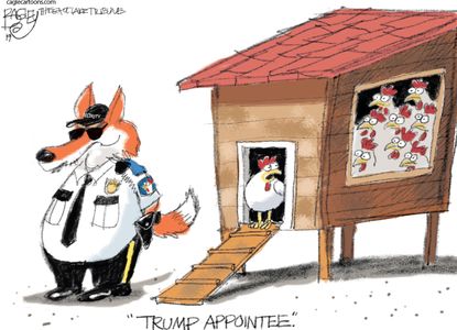 Political Cartoon U.S. Trump appointee chicken house