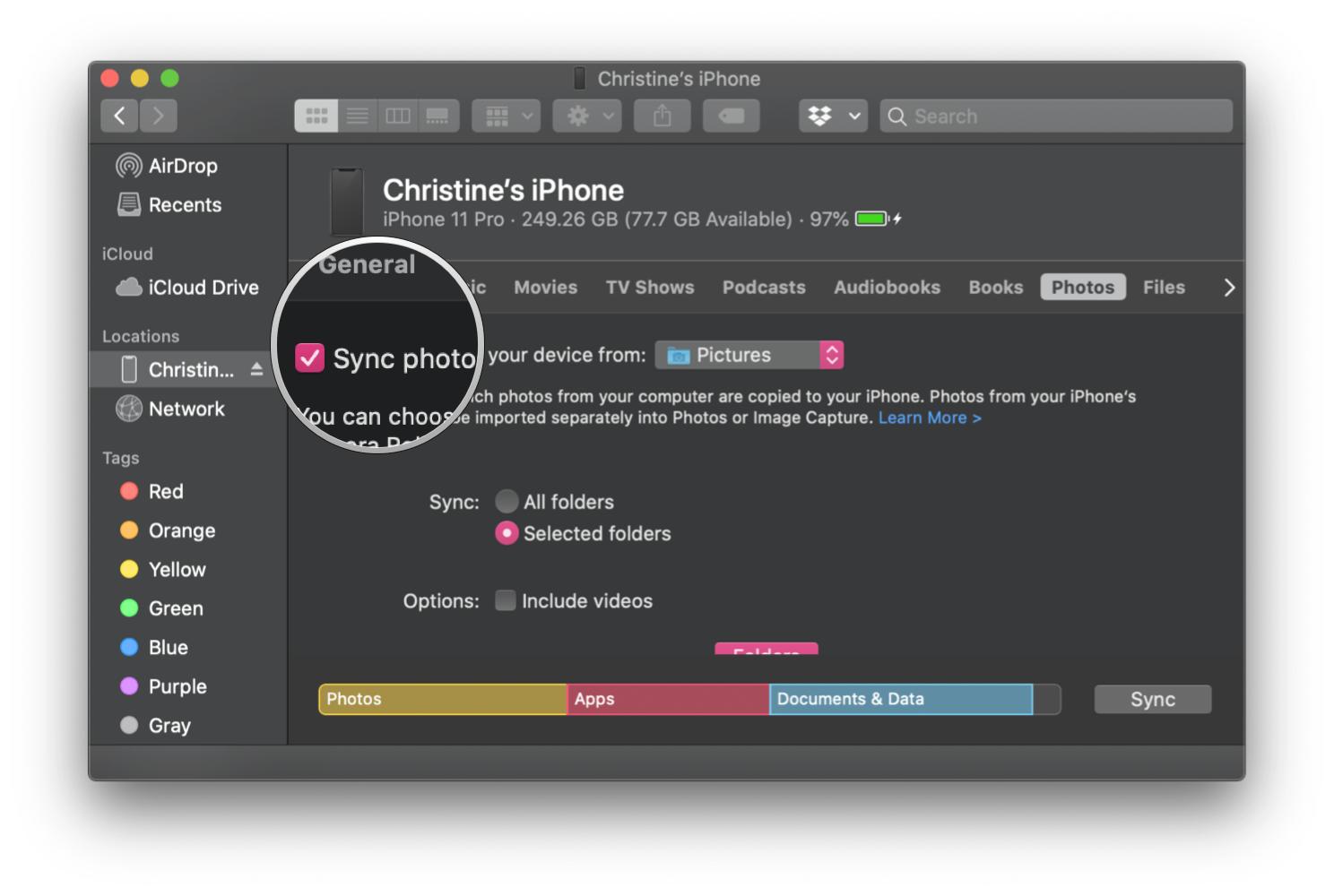 Upload photos and videos via iTunes and Finder by showing steps: Click Sync Photos checkbox to make sure that your photos sync