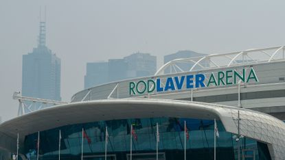 Smoke from the Australian bush fires hangs over the Rod Laver Arena in Melbourne Australian Open