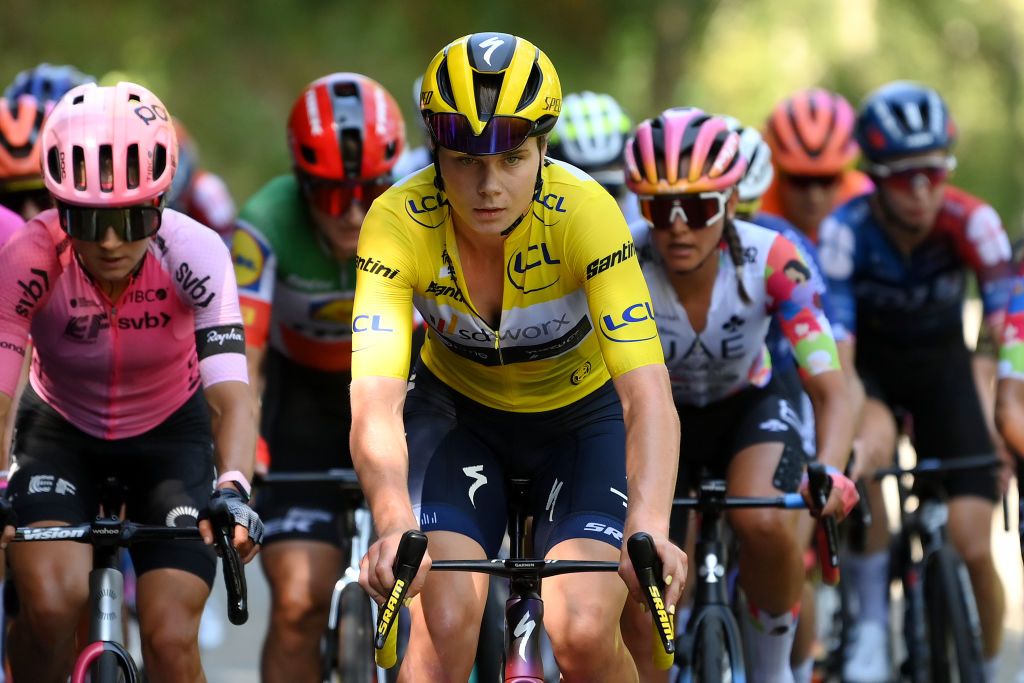 ALBI FRANCE JULY 27 Lotte Kopecky of Belgium and Team SD Worx Protime Yellow Leader Jersey leads the peloton during the 2nd Tour de France Femmes 2023 Stage 5 a 1261km stage from OnetleChteau to Albi 572m UCIWWT on July 27 2023 in Albi France Photo by Alex BroadwayGetty Images