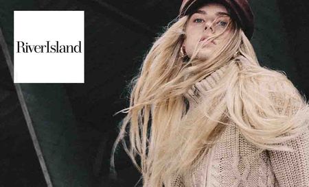 river island logo top left with a blonde model posing