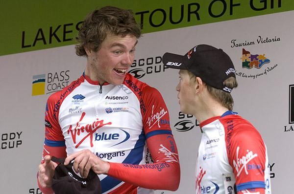 Stage winner Scott Law shares a moment with Virgin Blue/RBS Morgan teammate and new tour leader Patrick Shaw on the podium in Newborough.