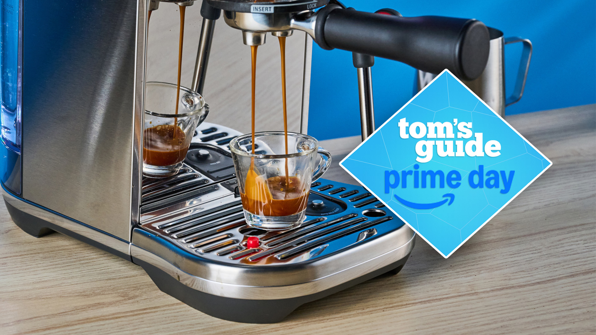 the breville bambino plus espresso machine pulling a shot of espresso with a tom&#039;s guide blue diamond deal badge