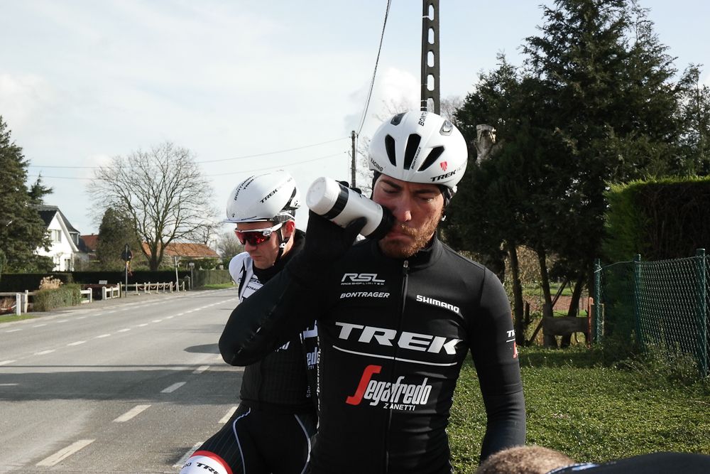 A Trek-Segafredo rider refuels for the ride.