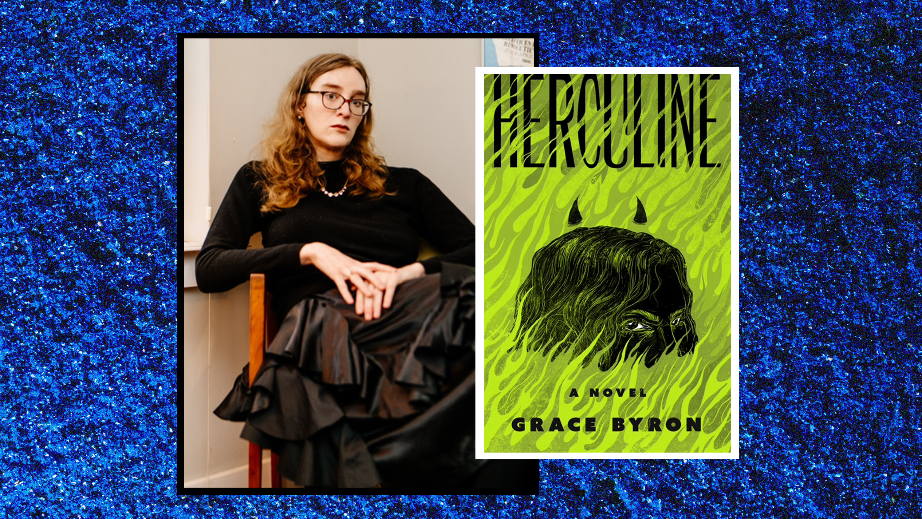 a split image of author grace byron wearing a black gown sitting in a chair and another image of the green demonic book cover of her book herculine