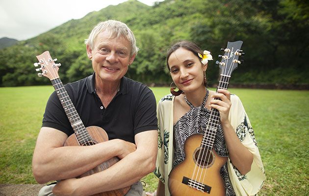 Martin Clunes: Islands of America. Pictured: Martin Clunes meets world famous Hawaiian ukulele virtuoso Taimane Gardner