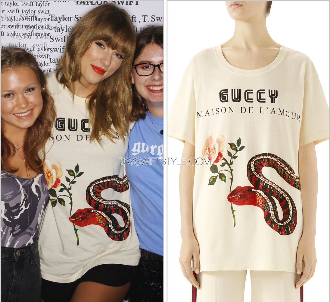 Taylor Swift wearing a Gucci t-shirt at a reputation tour meet and greet in Kansas City in 2018.