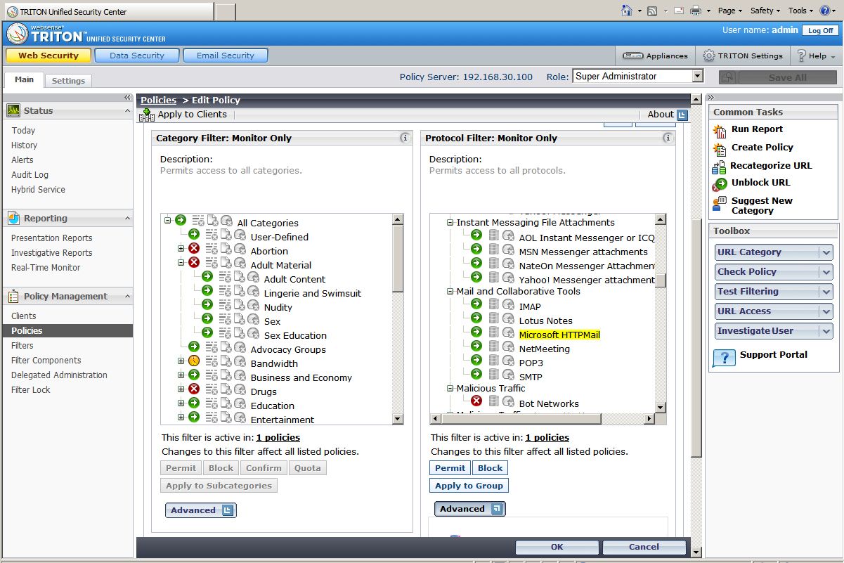 Websense provides comprehensive lists of web categories and protocols which can be combined in the same security policy.