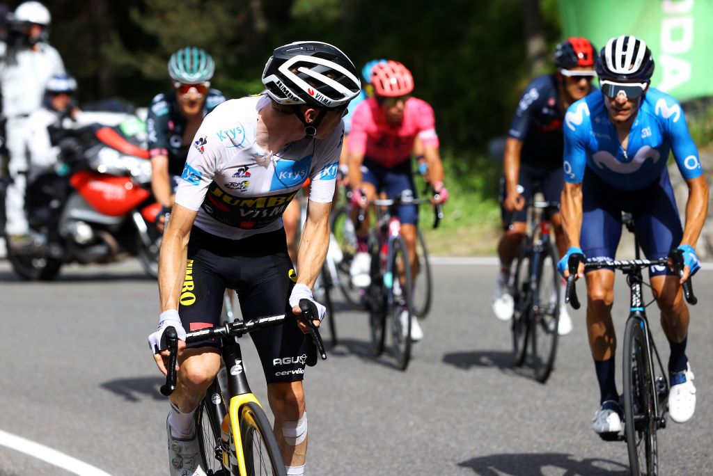ANDORRELAVIEILLE ANDORRA JULY 11 Jonas Vingegaard of Denmark and Team JumboVisma White best young jersey during the 108th Tour de France 2021 Stage 15 a 1913km stage from Cret to AndorrelaVieille Col de Beixalis 1796m LeTour TDF2021 on July 11 2021 in AndorrelaVieille Andorra Photo by Tim de WaeleGetty Images