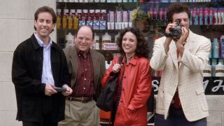 Jerry, Elaine, George and Kramer with camera on street in Seinfeld series finale