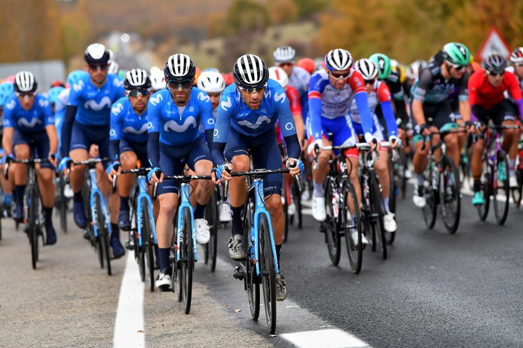 VINUESA SPAIN OCTOBER 22 Jorge Arcas Pena of Spain and Movistar Team Jose Joaquin Rojas Gil of Spain and Movistar Team Peloton during the 75th Tour of Spain 2020 Stage 3 a 1661km stage from Lodosa to La Laguna Negra Vinuesa 1735m lavuelta LaVuelta20 La Vuelta on October 22 2020 in Vinuesa Spain Photo by Justin SetterfieldGetty Images