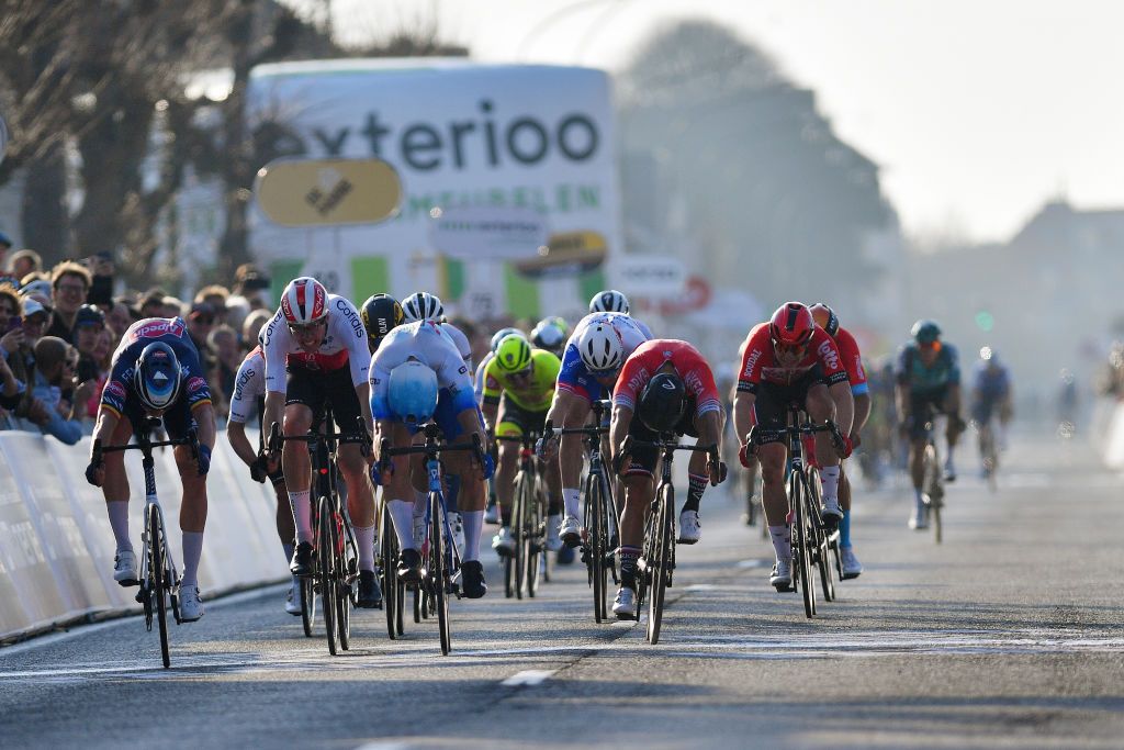 DE PANNE BELGIUM MARCH 23 A general view of Tim Merlier of Belgium and Team AlpecinFenix Max Walscheid of Germany and Team Cofidis Dylan Groenewegen of Netherlands and Team Bikeexchange Jayco Nacer Bouhanni of France and Team Arka Samsic and Arnaud Demare of France and Team Groupama FDJ sprints to win during the 46th Minerva Classic Brugge De Panne 2022 a 2079km stage from Brugge to De Panne MinervaClassic on March 23 2022 in De Panne Belgium Photo by Luc ClaessenGetty Images