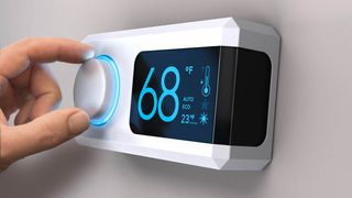 A thermostat set to 68 degrees Fahrenheit