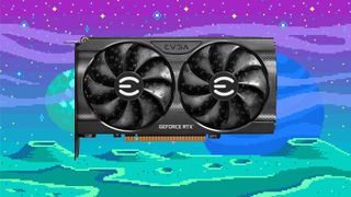 EVGA RTX 3060 GPU på en pixelart-bakgrunn