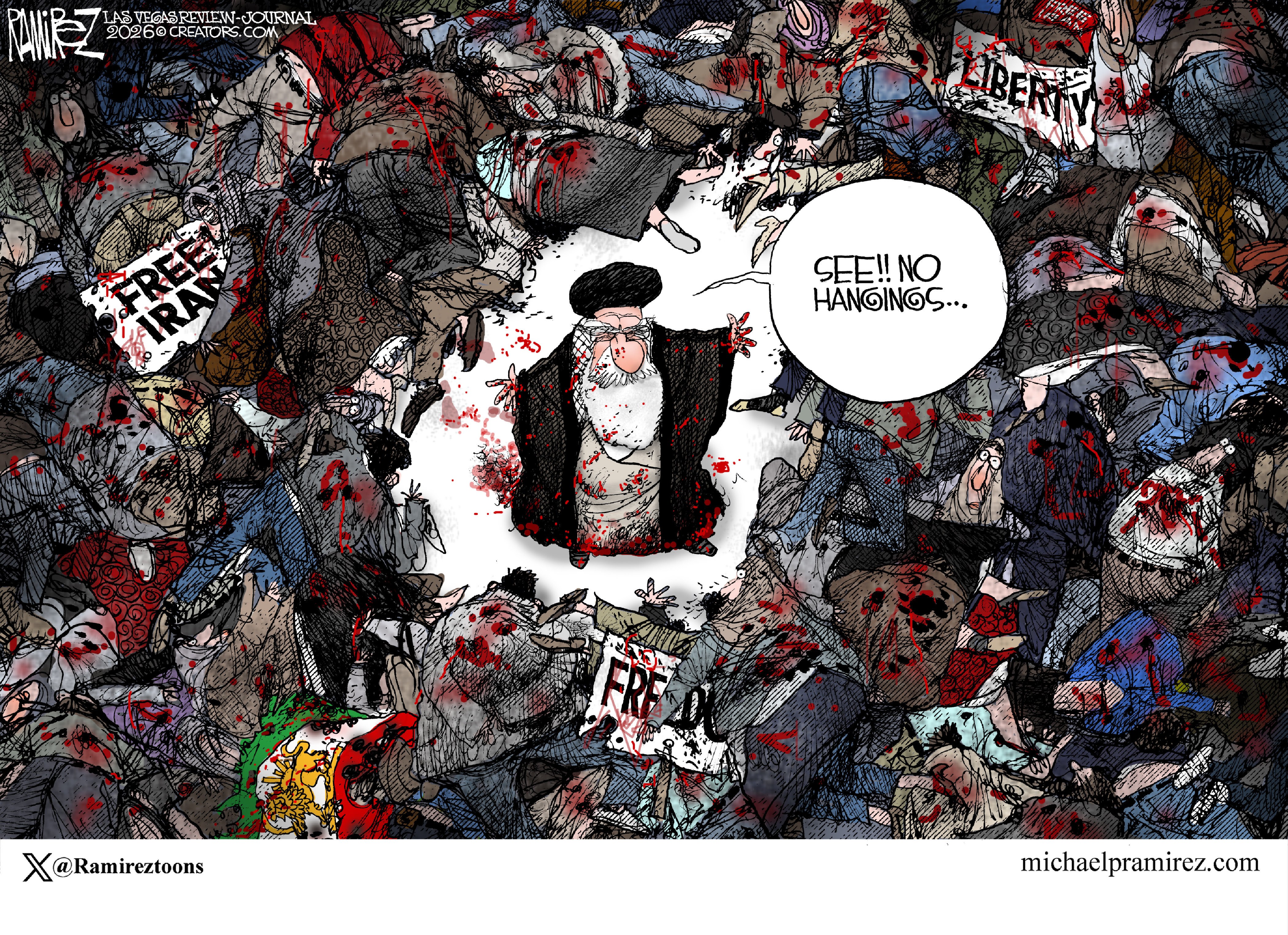 A bloodied Iranian Ayatollah stands in the middle of hundreds of dead protestors. He says, &amp;ldquo;See!! No hangings&amp;hellip;&amp;rdquo;