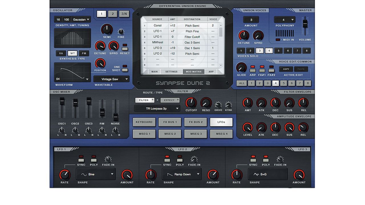 There's a trio of LFOs with sync, polyphonic mode, and fade-in control