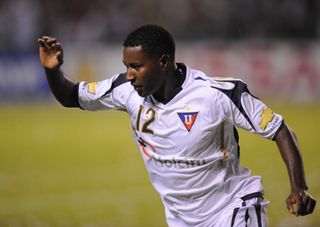 Edison Mendez celebrates after scoring for LDU Quito against Fluminense in the Copa Sudamericana final in November 2009.