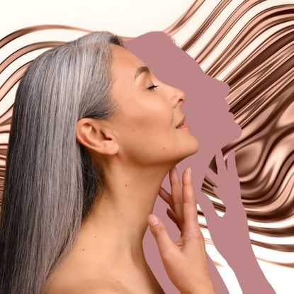 a woman with gray hair holding a hand to her neck with a bronze wavy background