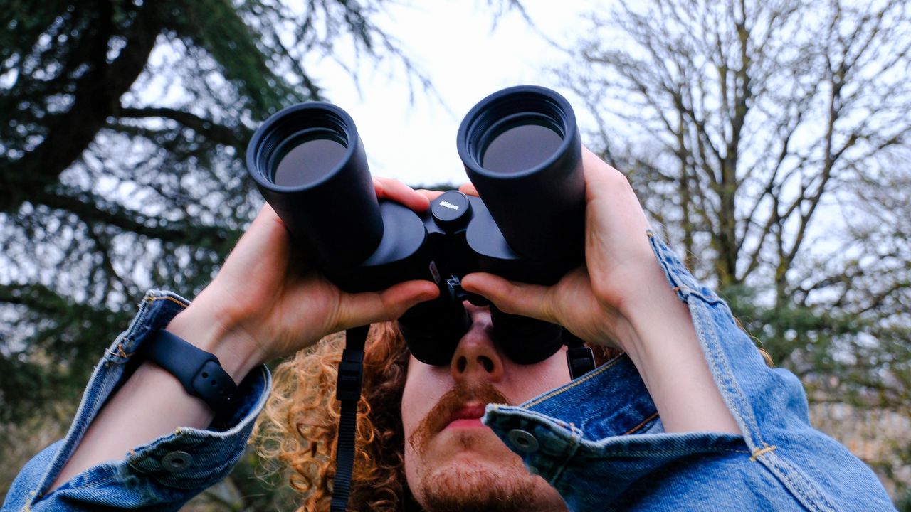 A head-on view of a man looking upwards through the Nikon Action Zoom 10-22x50 binoculars, with a tree in the background.