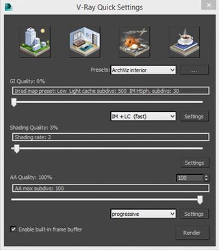The V-Ray Quick Settings dialog gives you access to preferred render settings