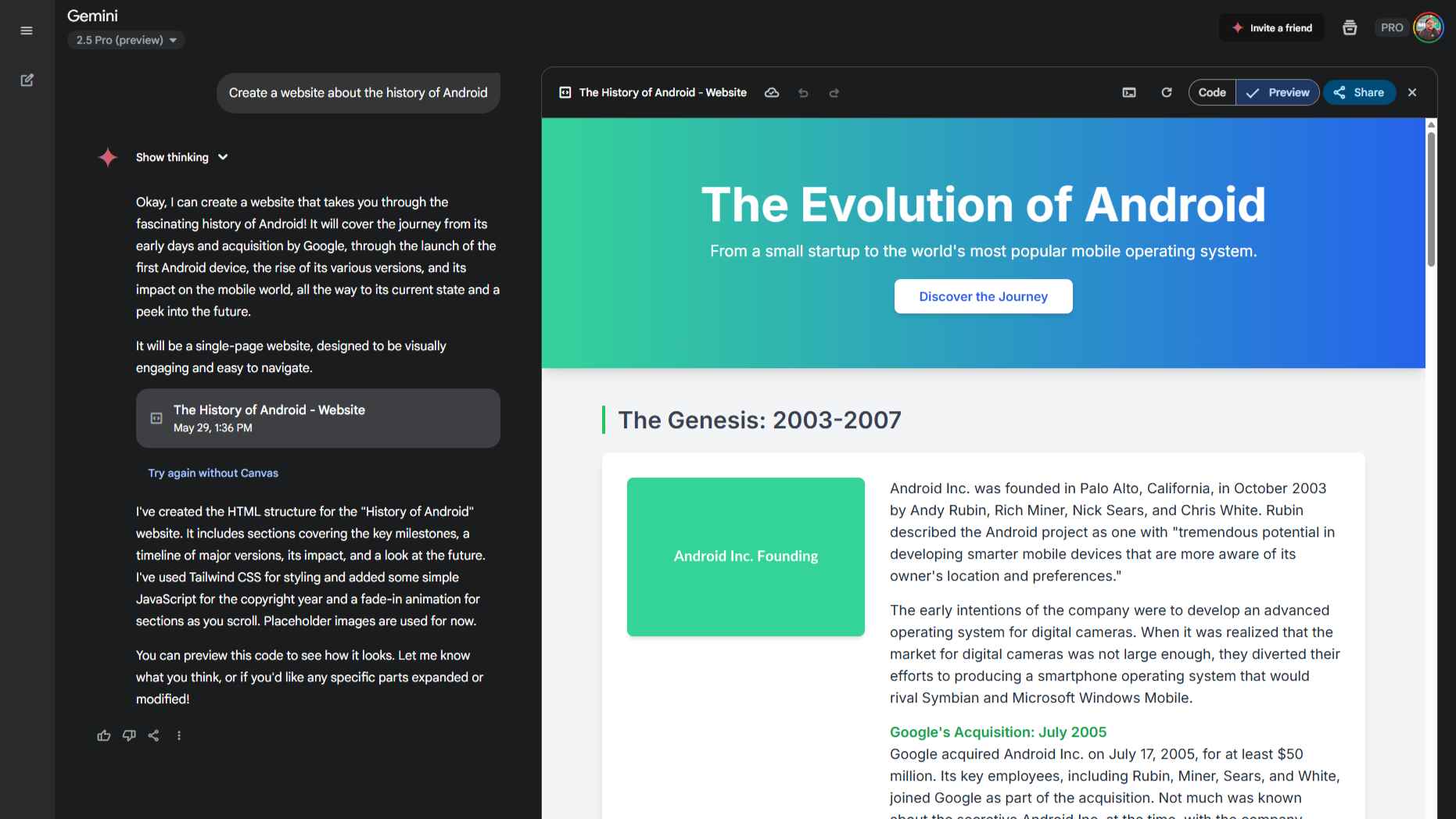 Google Gemini 2.5 Pro results from basic prompt to create Android History website