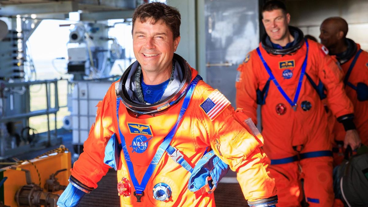The Artemis 2 moon astronauts during a launch simulation at NASA's Kennedy Space Center on Sept. 20, 2023. From left: commander and NASA astronaut Reid Wiseman, mission specialist and Canadian Space Agency astronaut Jeremy Hansen, and pilot and NASA astronaut Victor Glover.