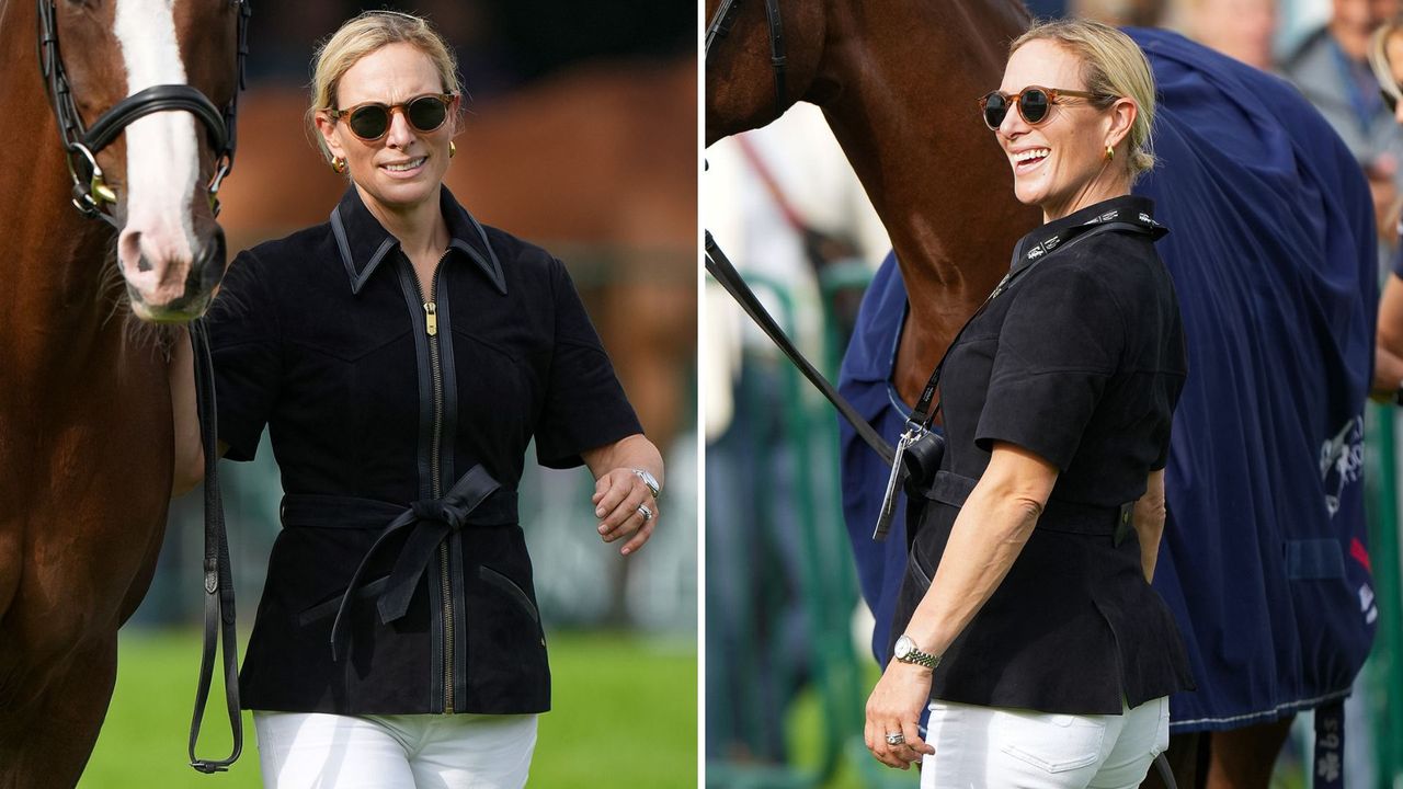 Composite of two pictures of Zara Tindall, wearing a black top and white jeans, with her horse at the first horse inspection of the Burghley Horse Trials 2024 